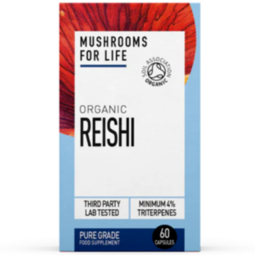 Mushrooms for Life Luomu Reishi -pakkaus, sisältää 60 kapselia; suorakulmainen laatikko mattapinnalla, valkoinen ja tummanruskea väritys, yksinkertaista tekstausvapaata fonttia; etupaneelissa selkeästi painettuja sertifikaatteja ja ainesosatietoja; ei ihmisiä tai käsiä näkyvissä; tuote kuvattu yksinään yksinkertaista taustaa vasten.