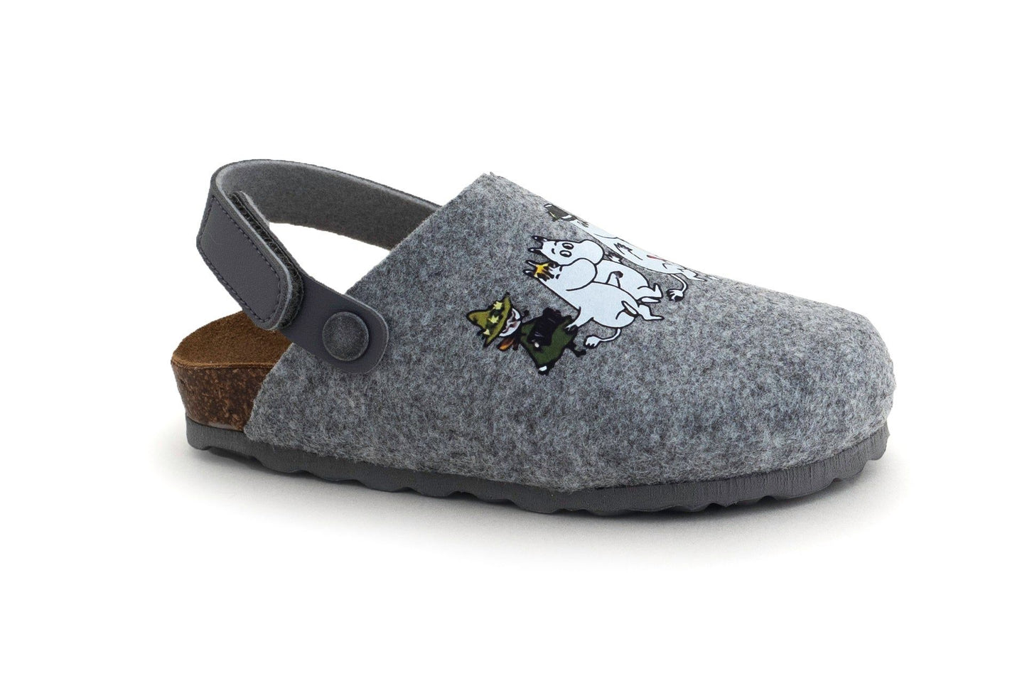 Gray felt clog slipper with a back strap and cork sole, featuring playful cartoon characters on the upper part for added charm. The surface is matte, the slipper has a rounded toe and exposed stitching along the sole edge. No packaging is visible. Upper displays colorful printed graphics; no legible text appears. Plain white background, product photographed from a side view with no people or hands shown.