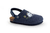 A blue felt child’s slipper with a cork sole, adjustable strap, and playful animal characters printed on the top. The slipper has a round toe and matte fabric finish. No visible typography or label text. Plain background, product shown in full profile shot with no packaging, people, or hands present in the image.