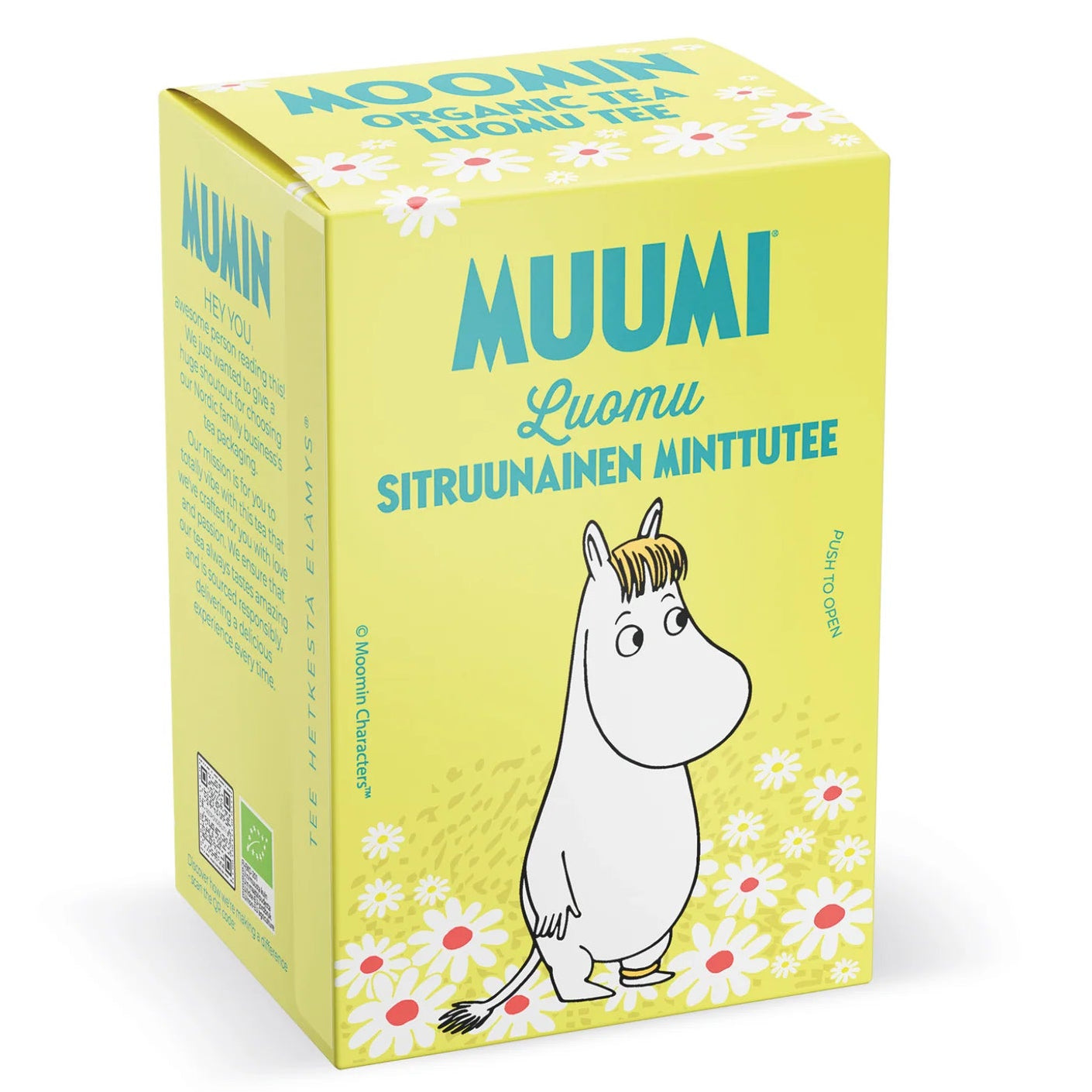 Muumi Luomu Sitruunainen Minttutee: keltainen rasia Muumin luomu sitruuna-minttuteetä, viehättävä Muumi-hahmokuvitus valkoisten ja pinkkien kukkien ympäröimänä; pakkauksessa suomenkielistä tekstiä; rasia on suorakulmainen mattapinnalla lihavoidulla groteskikirjasimella, tuotetiedot etupaneelissa; ei ihmisiä tai käsiä näkyvissä; kuvassa näkyy vain rasia neutraalia taustaa vasten.