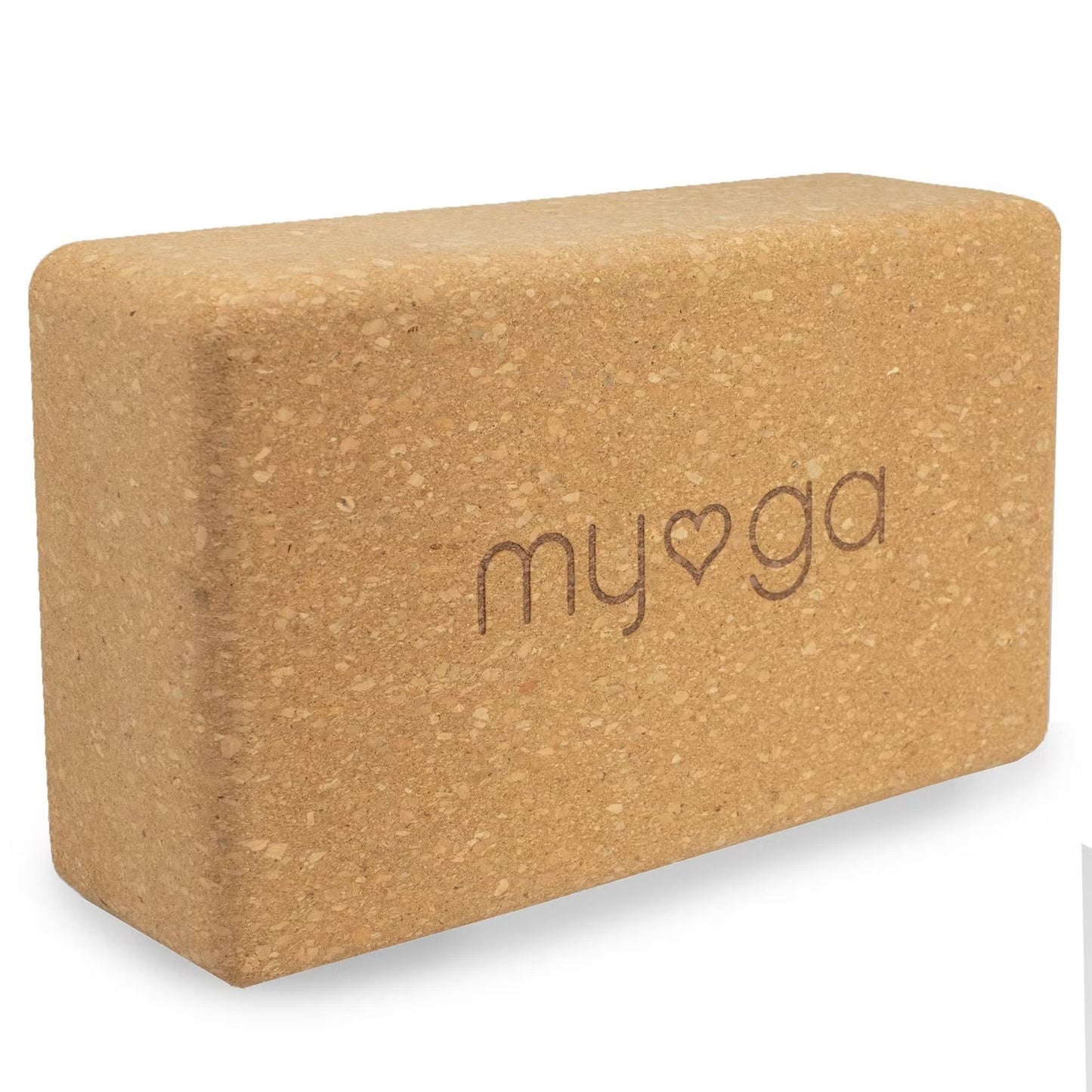 A myoga cork yoga block with a heart symbol engraved on one side, displayed on a white background. The rectangular block has rounded edges and corners, natural cork color, matte finish, and visible cork texture. The engraving shows a simple heart outline without additional text. The product is photographed alone with no packaging or people present, shot from an angled front view.