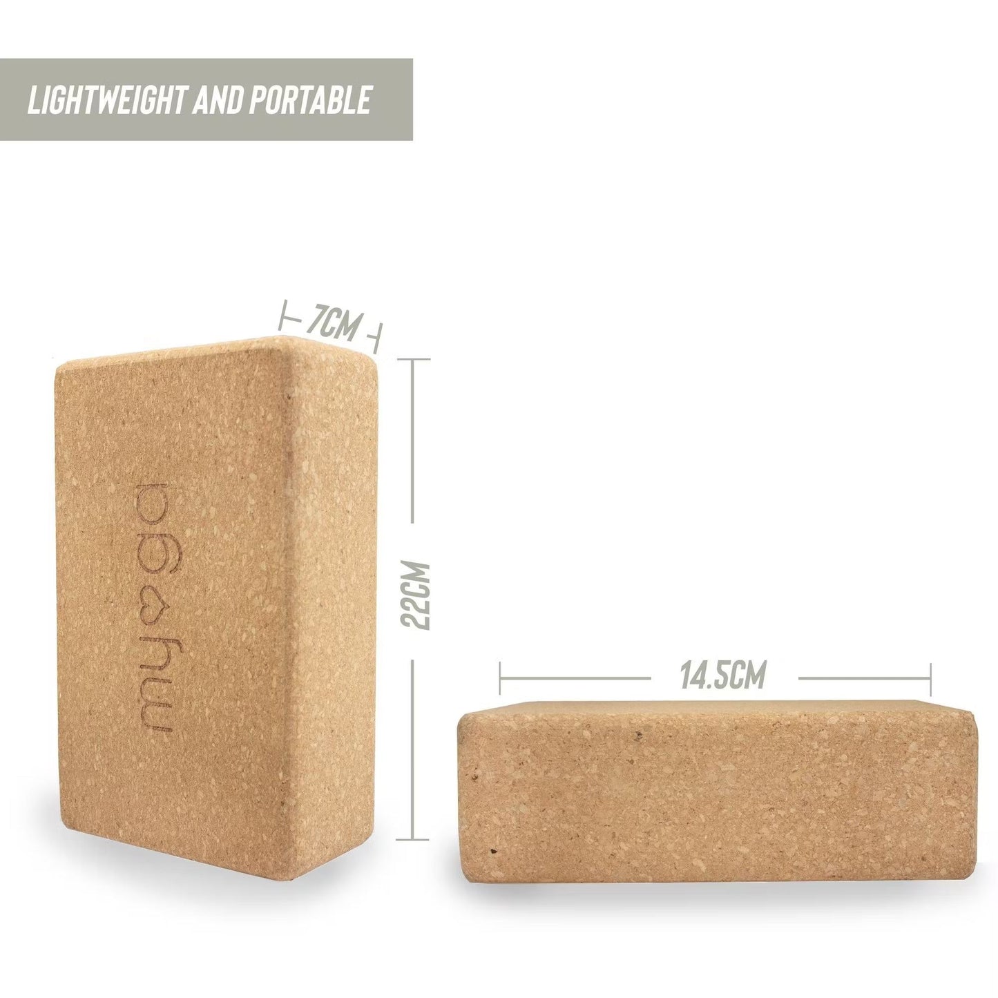 Two cork yoga blocks, one standing upright and one lying flat, with labeled dimensions: 22cm height, 14.5cm width, and 7cm depth. The text LIGHTWEIGHT AND PORTABLE appears at the top left in bold uppercase font. Both blocks are rectangular with rounded edges, light brown matte cork surface. Plain white background, no people or packaging visible.