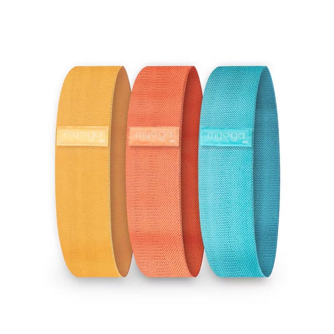 Three fabric resistance bands in yellow, orange, and blue colors, each with a small rectangular label printed with “myoga” in lowercase sans-serif font. Bands have a matte finish and are cylindrical loops standing upright vertically in a straight line. No packaging or additional accessories are present. Background is plain white. No people or hands included.