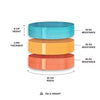 Three colored resistance bands (blue, yellow, orange) stacked vertically, labeled with their height, thickness, width, weight, and resistance levels: 18kg, 30kg, and 45kg for versatile workout options. Each band has a matte finish and rectangular shape. The measurement labels use simple sans-serif typography. Plain white background with no visible packaging or people. Studio product shot.