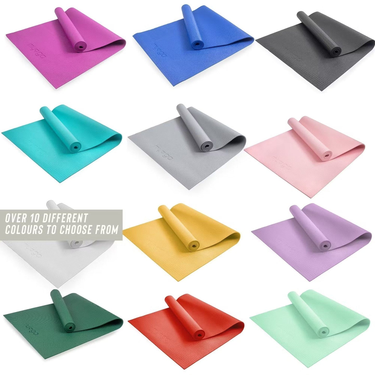 Twelve rolled yoga mats in various vibrant colors, including pink, gray, blue, mint, yellow, red, and green, arranged in a grid. Mats are cylindrical with a matte finish. No packaging visible. The background is white. Bold sans-serif label on the image reads: OVER 10 DIFFERENT COLOURS TO CHOOSE FROM. No people or hands present.