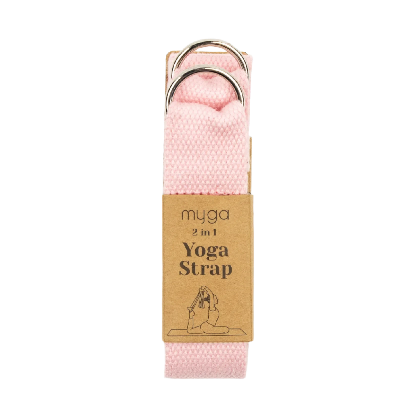 Myga Joogavyö; taitettu vaaleanpunainen kangashihna kahdella hopeisella D-renkaalla; kiinnitetty ruskea riippulappu tekstillä "myga 2 in 1 Yoga Strap" selkeällä fontilla ja kuvituksena joogaliikkeessä istuva henkilö; valkoinen tausta, ei ihmisiä tai muita esineitä näkyvissä.