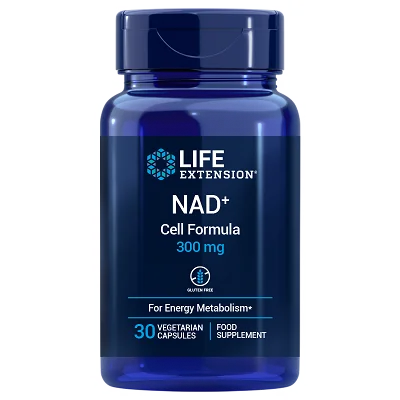 Life Extension NAD+ Cell Formula 300 mg; sininen muovipullo Life Extension NAD+ Cell Formula -tuotetta, 300 mg, sylinterinmuotoinen kiiltäväpinnalla; etuetiketti valkoinen sinisin ja kultaisin groteskitekstein, ilmoittaen 30 kasviskapselia sekä gluteenittomuuden ja solutason energiantuen; ei ihmisiä tai käsiä kuvassa, pelkistetty studiotausta.
