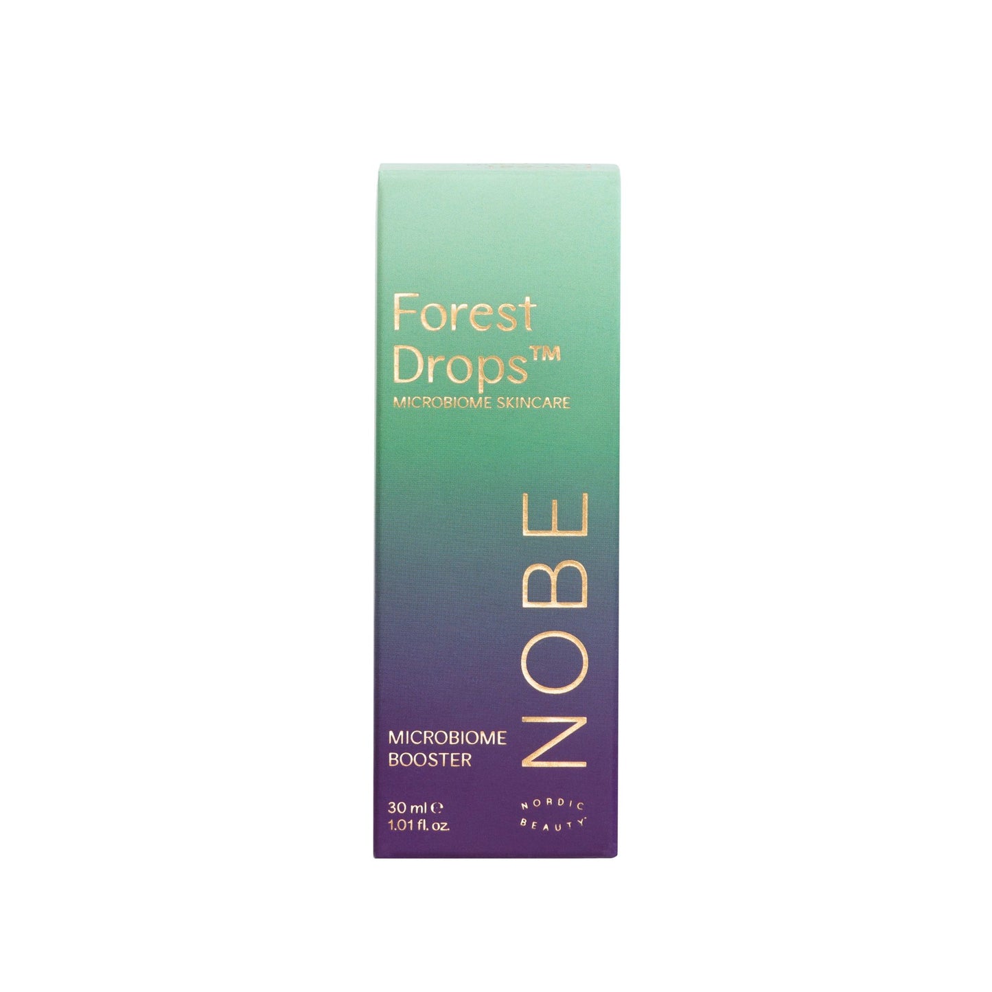A green and purple gradient box labeled Forest Drops™ Microbiome Skincare NOBE stands upright. The box is rectangular with a matte surface and features simple, sans-serif typography in white. Other visible text includes Microbiome Booster and the size 30 ml / 1.01 fl oz. There are no people or objects besides the product box. The background is plain and neutral.