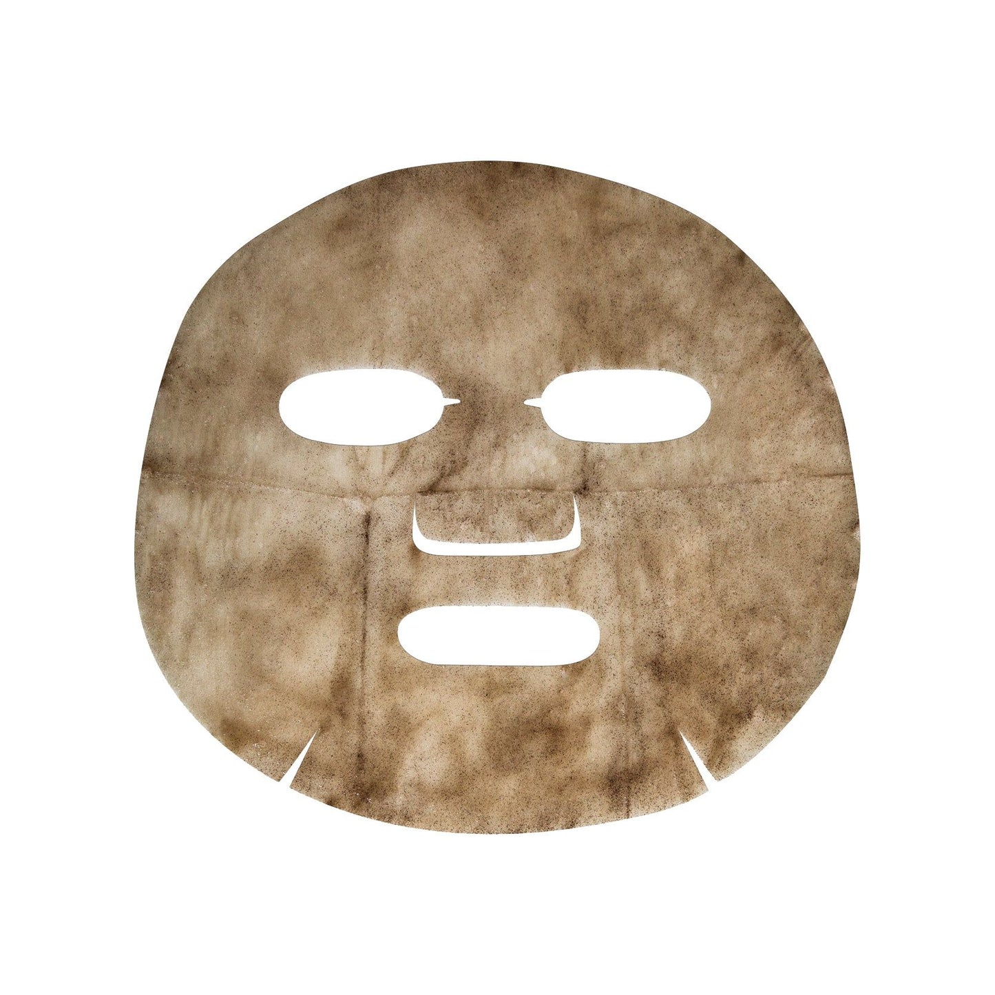 A flat, brown, coffee-infused face-shaped sheet mask with cutouts for the eyes, nose, and mouth, placed against a white background. The sheet material is matte and thin. There is no packaging or visible branding. No people or hands are in the shot. The image uses an overhead view to display the mask’s entire shape and surface clearly.