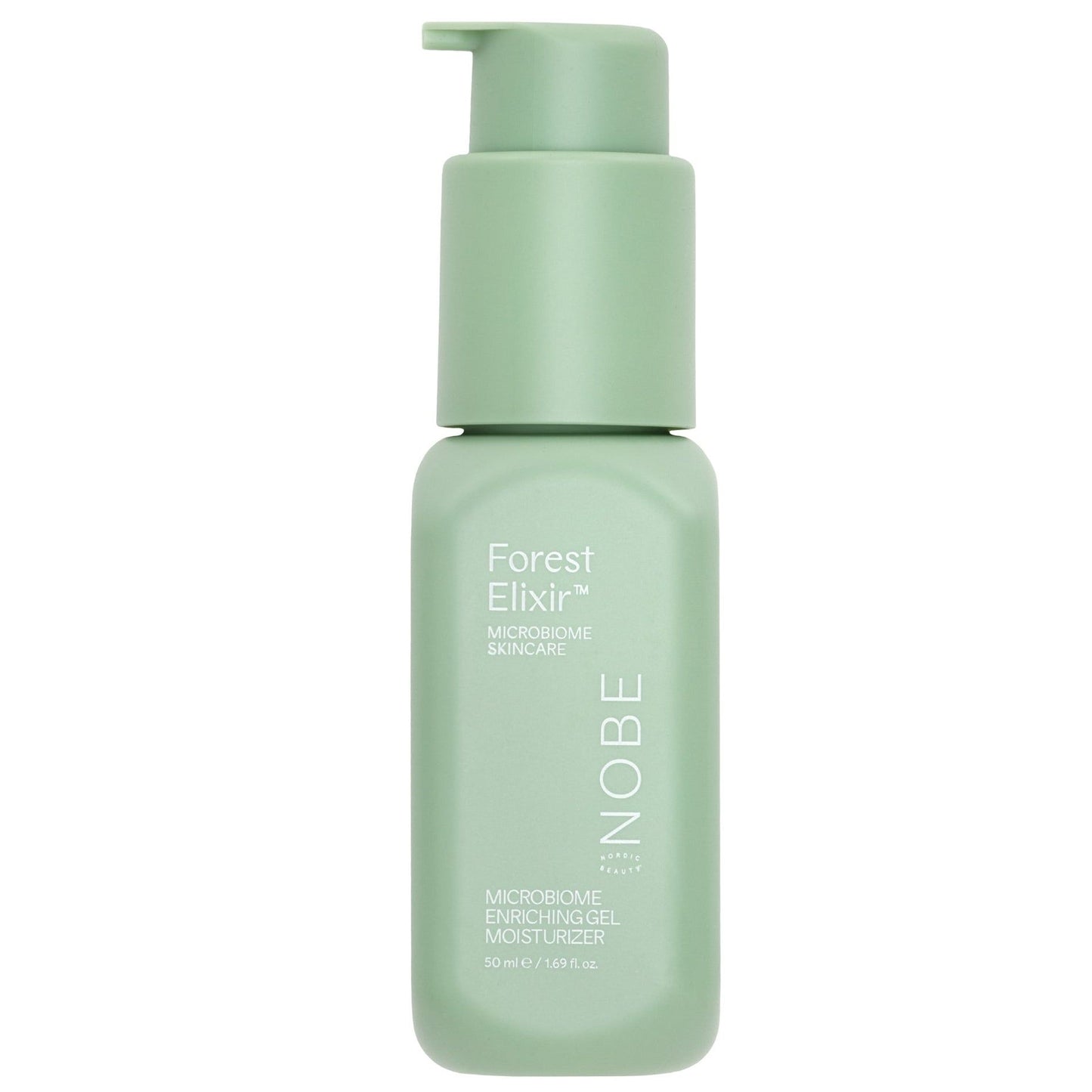 A green plastic bottle with a black pump dispenser, cylindrical in shape and matte finish. Label shows Forest Elixir Microbiome Skincare, iNOBE, Microbiome Enriching Gel Moisturizer, featuring advanced microbiome care in a 50 ml / 1.69 fl. oz. size in clear sans-serif font on white background. The product is photographed against a plain surface with no hands or additional props visible.