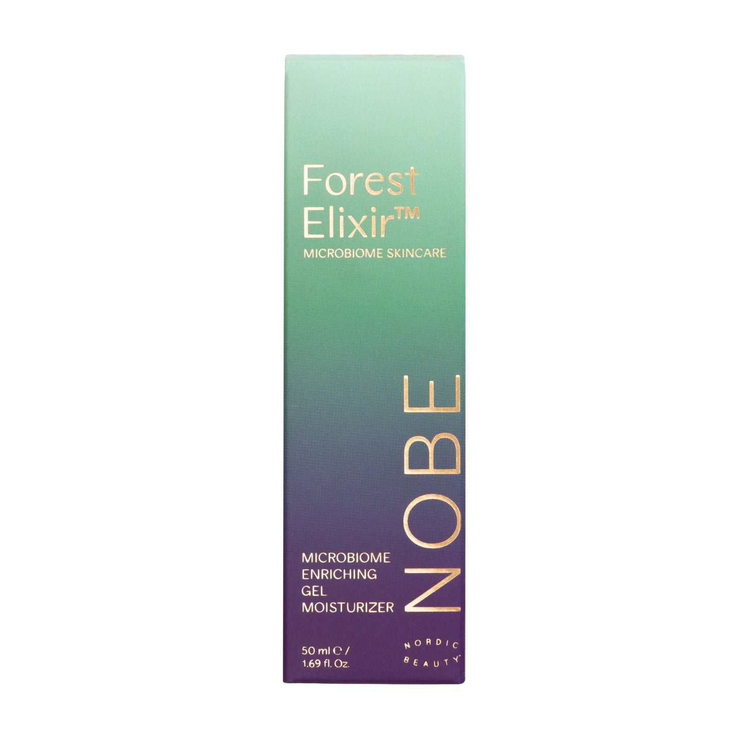 A green and purple box labeled Forest Elixir™ Microbiome Skincare and NOBE, featuring details about its microbiome enriching gel moisturizer formula, 50 ml, by Nordic Beauty. Rectangular shape with matte finish. Sans-serif typography in white lettering on both green and purple sections. Packaging is cardboard. The product is photographed against a plain, light background with no people present.