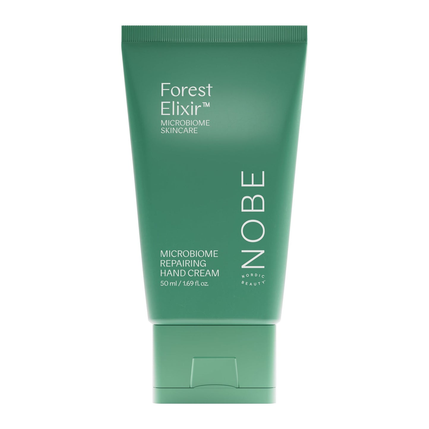 Vihreä putkilo, jossa lukee Forest Elixir Microbiome Skincare NOBE Microbiome Repairing Hand Cream, 50 ml, tarjoaa ravitsevan koostumuksen, joka tukee ihon luonnollista mikrobiomia; korkki alaosassa myös vihreä; putkilo mattapintainen ja lieriömäinen; etikettiteksti valkoisella groteskikirjasimella; tuote kuvattu yksin vaalealla, yksinkertaisella taustalla ilman ihmisiä tai rekvisiittaa.
