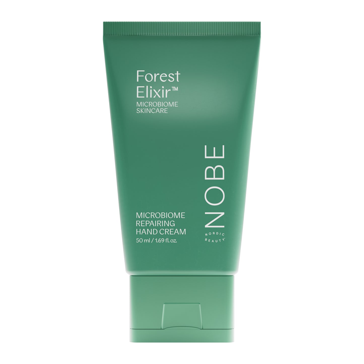Vihreä putkilo, jossa lukee Forest Elixir Microbiome Skincare NOBE Microbiome Repairing Hand Cream, 50 ml, tarjoaa ravitsevan koostumuksen, joka tukee ihon luonnollista mikrobiomia; korkki alaosassa myös vihreä; putkilo mattapintainen ja lieriömäinen; etikettiteksti valkoisella groteskikirjasimella; tuote kuvattu yksin vaalealla, yksinkertaisella taustalla ilman ihmisiä tai rekvisiittaa.