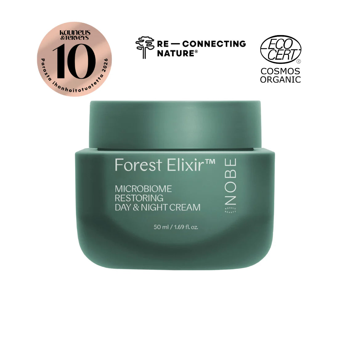 NOBE Forest Elixir® Microbiome Restoring Day & Night Cream: vihreä purkki tekstillä "Forest Elixir Microbiome Restoring Day & Night Cream", sertifikaattimerkkejä ja "10 Best" -palkintomerkki yläpuolella, kehittynyttä mikrobiomia tukevia ainesosia; purkin koko on 50 ml (1,69 fl. oz.); astia on sylinterimäinen kiiltävää materiaalia yhteensopivalla vihreällä korkilla; teksti on selkeää lihavoitua groteskikirjasinta; tuote keskitetty vaaleaa taustaa vasten lähikuvassa, ei ihmisiä tai käsiä näkyvissä.
