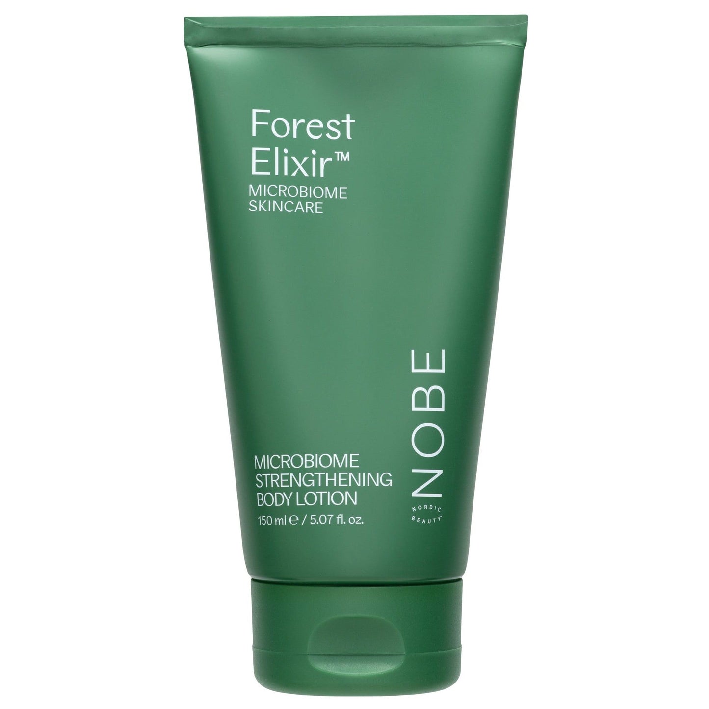 A green plastic tube with a matte finish, cylindrical shape, and flip-top cap. The label features clear sans-serif font in white and light green. Visible text: Forest Elixir Microbiome Skincare and Microbiome Strengthening Body Lotion by NOBE, enriched with microbiome-boosting ingredients and containing 150 ml or 5.07 fl oz. Plain background, no people or hands present. Studio product shot.