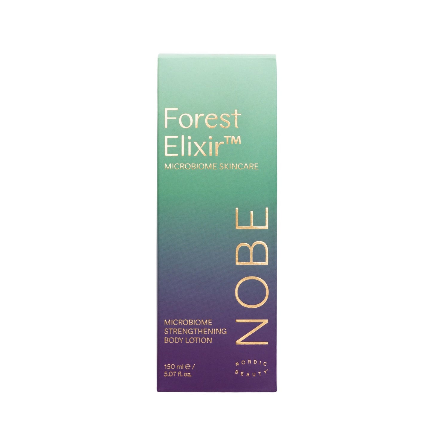 A rectangular box for body lotion has a green-to-purple gradient color scheme and a matte surface. Gold text identifies the product as “NOBE Forest Elixir Microbiome Strengthening Body Lotion,” and the font is modern sans serif with clear spacing. The box sits against a plain, light background; no people or hands are present in the frame. A green and purple NOBE Forest Elixir Microbiome Strengthening Body Lotion box, featuring gold text and a gradient design that highlights its lush, forest-inspired