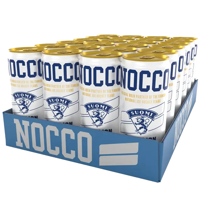 NOCCO BCAA Blue Lion -energiajuoman 24 tölkin pakkaus, Suomen jääkiekkomaajoukkueiden virallinen kumppanituote