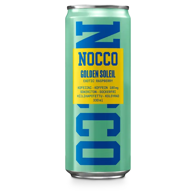 NOCCO Golden Soleil Energiajuoma 24-pack: korkea, mintunvihreä NOCCO Golden Soleil -tölkki eksoottinen vadelma -maulla, lihavoitu sininen ja keltainen etikettiteksti sekä tuotetietoa usealla kielellä, mukaan lukien tärkeimmät BCAA-tiedot; alumiinitölkki on mattapintainen ja sylinterimäinen; pääetiketissä lohkomainen groteskikirjasin ja numerotietoa sinisellä ja keltaisella etuosassa; kuvattu neutraalia taustaa vasten, ei ihmisiä tai käsiä näkyvissä.