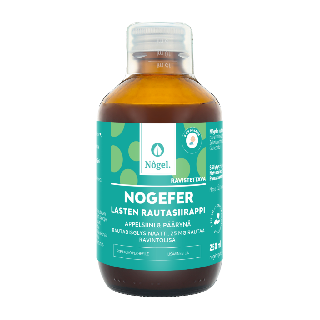Nôgel Nogefer Lasten Rautasiirappi -pullo valkoisella taustalla, appelsiini & päärynä, 6 kk alkaen, 250 ml