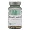 Natura Media B6-vitamiini 25 mg: valkoinen muovipurkki kiiltävällä pinnalla ja heijastavalla hopeanvärisellä korkilla, sisältää 60 kapselia; etiketissä teksti "B6-vitamiini", "Natura Media" ja "25 mg" vaihtelevin fonttikoin groteskikirjasimella; pullo on sylinterimäinen; tausta on vaalea, ei ihmisiä tai käsiä näkyvissä.
