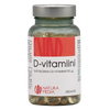 Natura Media D-vitamiini 100 mikrog: läpinäkymätön muovipurkki valkoisella kierrekorkilla ja mattapinnalla; etiketti on punavalkoinen, lihavoitu groteskikirjasin; suomenkielinen teksti kertoo D3-vitamiinista, 200 kapselista à 100 µg ja vahvasta annoksesta; kuva keskitetty vaaleaa taustaa vasten, ei ihmisiä tai käsiä näkyvissä.