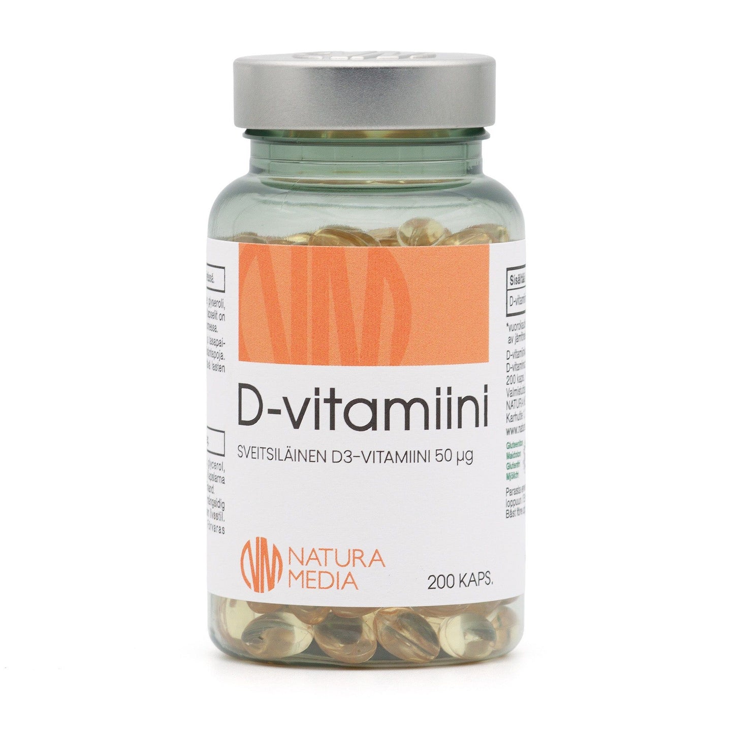 Natura Media D-vitamiini 50 mikrog: läpinäkyvä muovipurkki keltaisilla kapseleilla ja valkoisella mattapintaisella kierrekorkilla; etiketissä teksti "Sveitsiläinen D3-vitamiini 50 µg" ja "200 kaps.", pääosin mustalla ja osin oranssilla groteskikirjasimella; purkki seisoo pystyssä valkoista taustaa vasten, ei ihmisiä tai käsiä kuvassa.