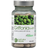 Natura Media Griffonia 5-HTP; pullo Griffonia 5-HTP -ravintolisäkapseleita, 100 mg, valmistaja Natura Media; valkoinen lieriömäinen muovipullo kiiltäväpinnalla ja valkoisella kierrekorkilla; etiketissä vihreitä siemenkuvituksia, suomenkielistä tekstiä, selkeää tikkukirjasintyyliä ja merkintä 80 kapselista pullossa; tausta tasainen ja neutraali, ei ihmisiä tai käsiä kuvassa.