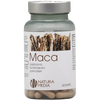 Natura Media Maca; valkoinen sylinterinmuotoinen muovipullo vihreällä kierrekorkilla; mattapintaisessa etiketissä realistisia kuvia kuivatuista maca-juurista sekä tiivistä suomenkielistä tuotetietoa; etiketti käyttää yksinkertaista musta-vihreää groteskikirjasinta; numero "60" ilmaisee kapselimäärän; neutraali vaalea tausta, ei ihmisiä tai käsiä; pullo sisältää 60 kasvikapselia.