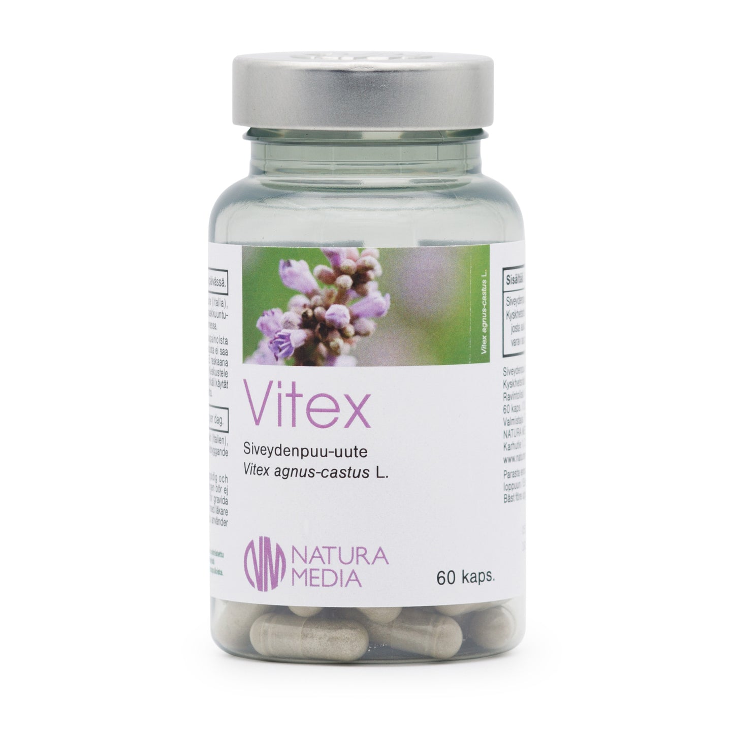 Natura Media Vitex, pullo tekstillä "Vitex", kuvituksena violetteja kukkia, sisältää 60 kapselia; astia sylinterimäinen ja valkoinen kierrekorkilla; etiketin tausta pääosin valkoinen vaalein osioin, käyttää sekä antiikva- että groteskifontteja eri elementeille jäsennellyssä asettelussa; tuote yksinkertaisella taustalla, ei ihmisiä eikä käsiä näkyvissä.