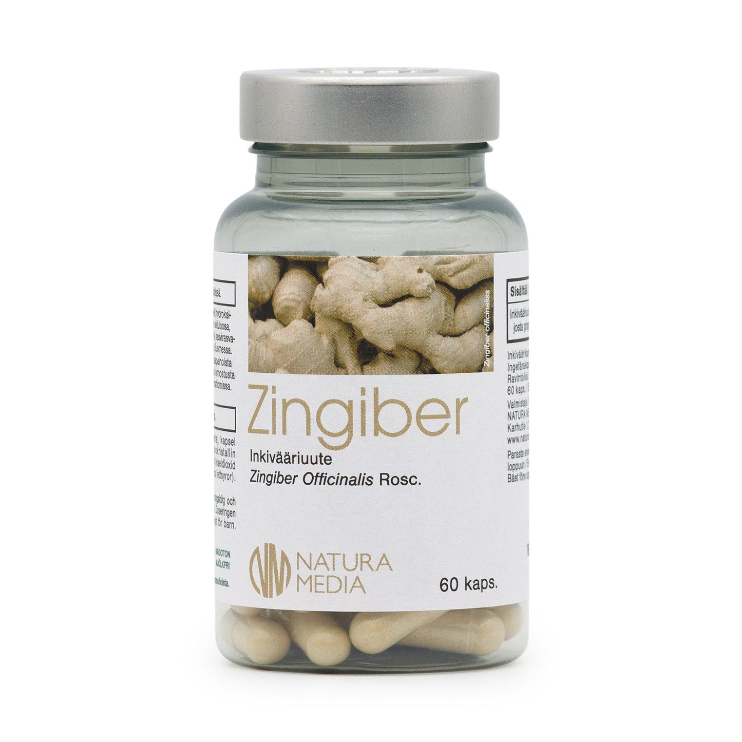 A clear cylindrical plastic bottle with a white screw cap is labeled “Zingiber,” showing capsules inside. The matte label features a color photo of ginger root, simple sans-serif typography, and the text includes “Natura Media” and “60 capsules.” The background is plain white. No people or hands appear in the image. A clear bottle labeled Zingiber containing capsules, featuring a photo of ginger root on the label. This product from Natura Media holds 60 capsules and highlights the natural benefits of