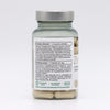 A bottle of zinc supplement capsules is shown. The plastic bottle has a green, screw-on lid and a matte finish. The cylindrical label is white with black and green sans-serif text, clearly listing product details such as dosage and ingredients in Finnish, Swedish, and English. Visual symbols indicate vegan, gluten-free, lactose-free status. Photo background is plain white with soft even lighting. No people or hands are visible in the shot. A bottle of zinc supplement capsules with a label describing dosage