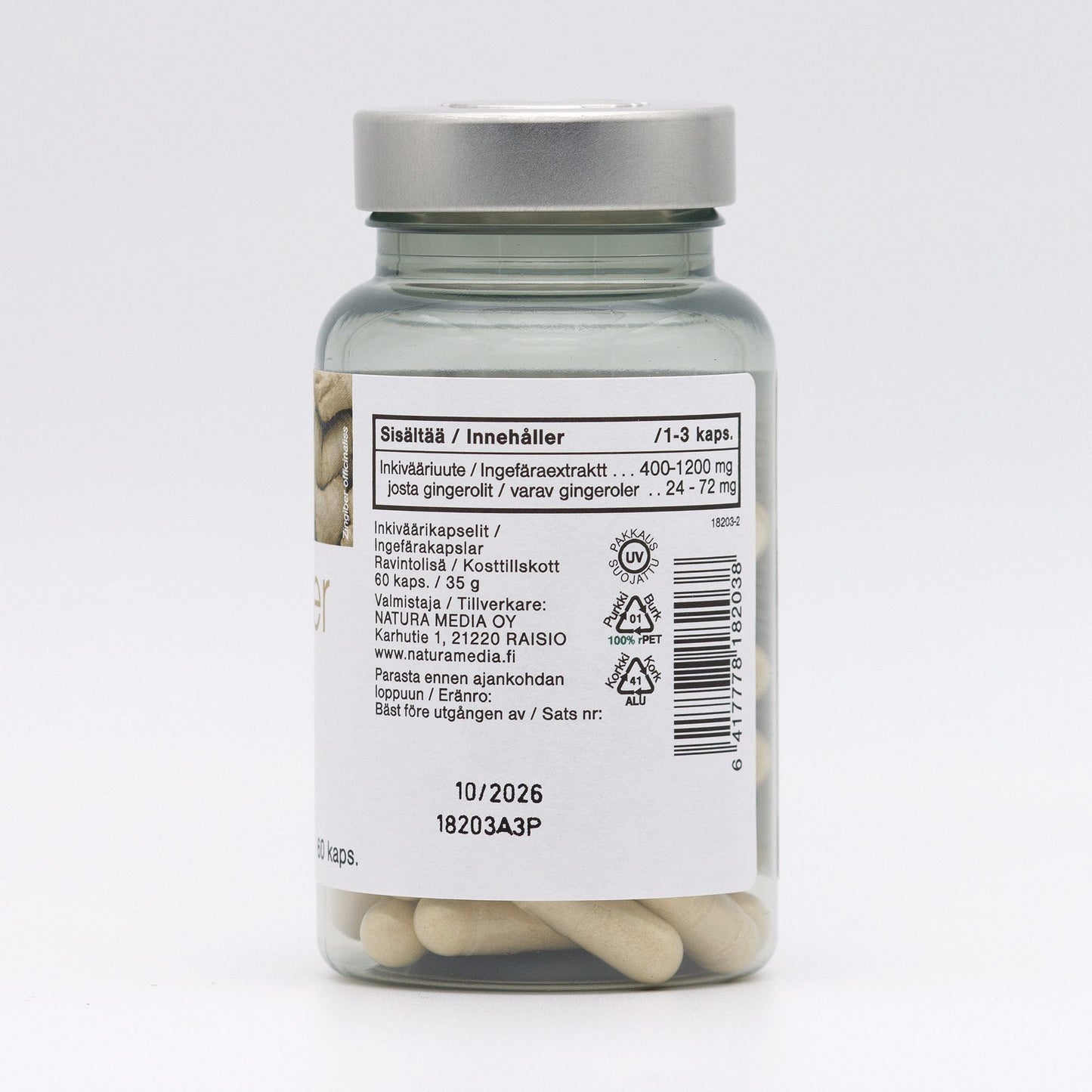 A glass bottle filled with white capsules is shown, featuring a label in Swedish that lists ingredients, nutritional information, and manufacturer details. The expiration date is 10/2026. The bottle has a silver metallic cap and cylindrical shape. Label text uses clear sans-serif font in black on a white background. No people or hands are present. The product sits against a plain surface under even lighting.