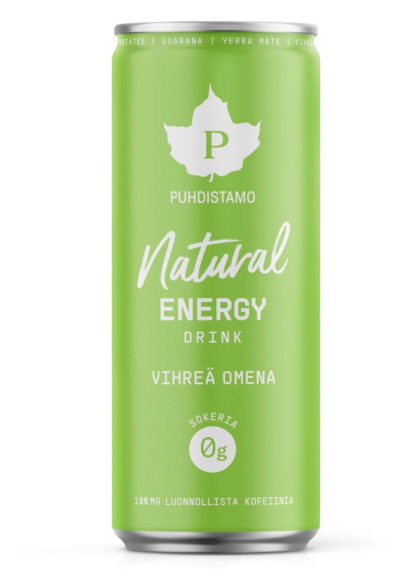 Puhdistamo Natural Energy Drink, Vihreä Omena; vihreä, lieriömäinen tölkki mattapinnalla; etiketissä maininta nollasokerista ja 109 mg luonnollisesta kofeiinista; valkoista ja vaaleanvihreää groteskitekstiä; tuote pystyssä vaalealla taustalla, ei ihmisiä tai käsiä.