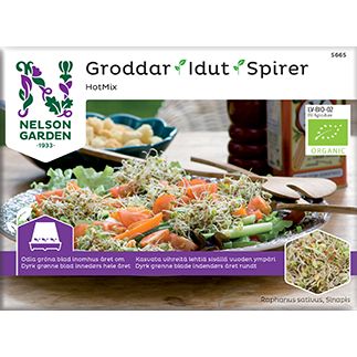 Nelson Garden Idut Luomu Hot Mix -itusiemenet; suorakulmainen kiiltäväpintainen pussi, pääosin vihreä ja valkoinen; kuvituksena lautanen sekoitettuja vihannesituja ja viipaloituja vihanneksia; tuotenimi lihavoidulla groteskikirjasimella; EU-luomumerkki näkyvissä sekä monikielistä tuotetietoa; valkoinen tausta ilman ihmisiä tai käsiä.