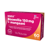 Nivele Boswellia 150 mg + Mangaani; vaaleanpunainen ja oranssi rasia Nivele Boswellia 150 mg + mangaani -ravintolisää suomenkielisellä tekstillä, sisältää 60 tablettia Via Naturale -merkillä nivelterveyden tueksi; matta pahvipakkaus, suorakulmainen muoto, valkoinen ja lihavoitu groteskikirjasin etupaneelissa; kuva näyttää vain avaamattoman rasian tasaista neutraalia taustaa vasten, ei ihmisiä tai käsiä.