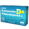 Nivele Kalanrusto-Vihersimpukka D+; sininen pakkaus Nivele Kalanrust-D+ Viherisimpukka -ravintolisää varten, 80 kapselia, Suomen lippu ja kalan siluetteja pakkauksessa; suorakaiteen muotoinen laatikko mattapinnalla, lihavoitua valkoista ja vihreää groteskitekstiä; tuotenimi ja annostustiedot selkeästi painettu etuosaan; ei ihmisiä tai käsiä; valkoinen tausta studiokuvassa.