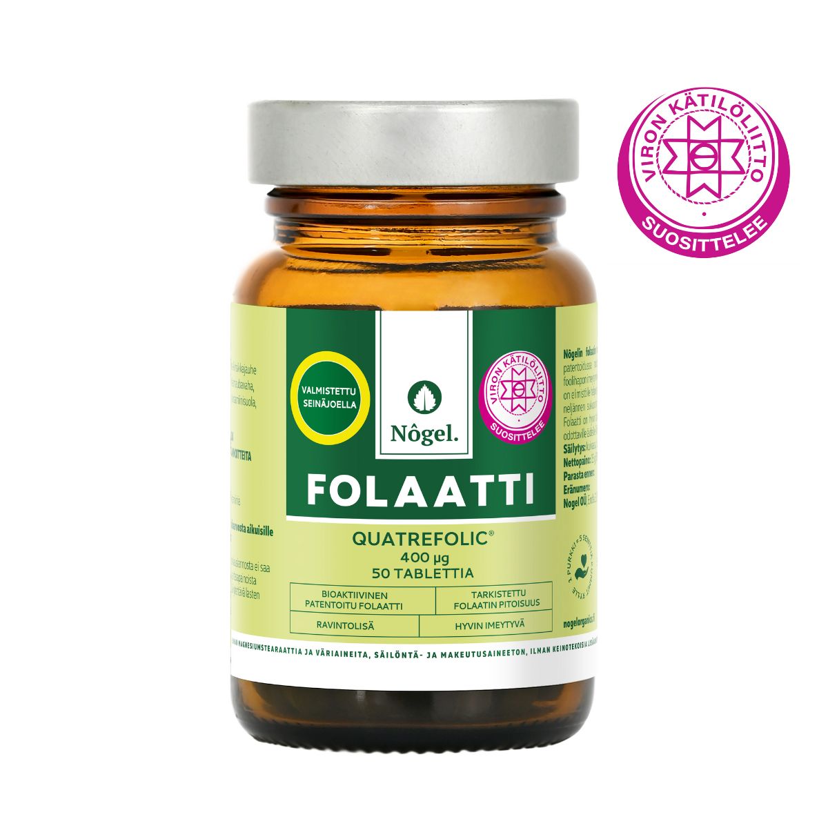 Nogel Folaatti 400 mikrog; ruskea lasipullo tekstillä Nôgel Folaatti Quatrefolic 400 µg vihrein ja keltaisin korostuksin näkyy selkeästi; etiketissä groteskikirjasin mustana ja valkoisena, selkeästi luettavaa tekstiä; vaaleanpunainen pyöreä sinetti suomenkielisellä tekstillä aseteltuna lähelle; pullo sylinterin muotoinen mattapinnalla; ei ihmisiä tai käsiä; tausta neutraali ja pelkistetty, kuva keskittyy tuotteeseen ja sinettiin.