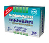 Nokkos-Kalkki-Inkivääri + Vihersimpukka -pakkaus, kalsiumia, magnesiumia, D3- ja C-vitamiinia luiden, nivelten ja lihasten tueksi, 140 tablettia; valkoinen-vihreä mattapintainen rasia, ainesosakuvakkeita