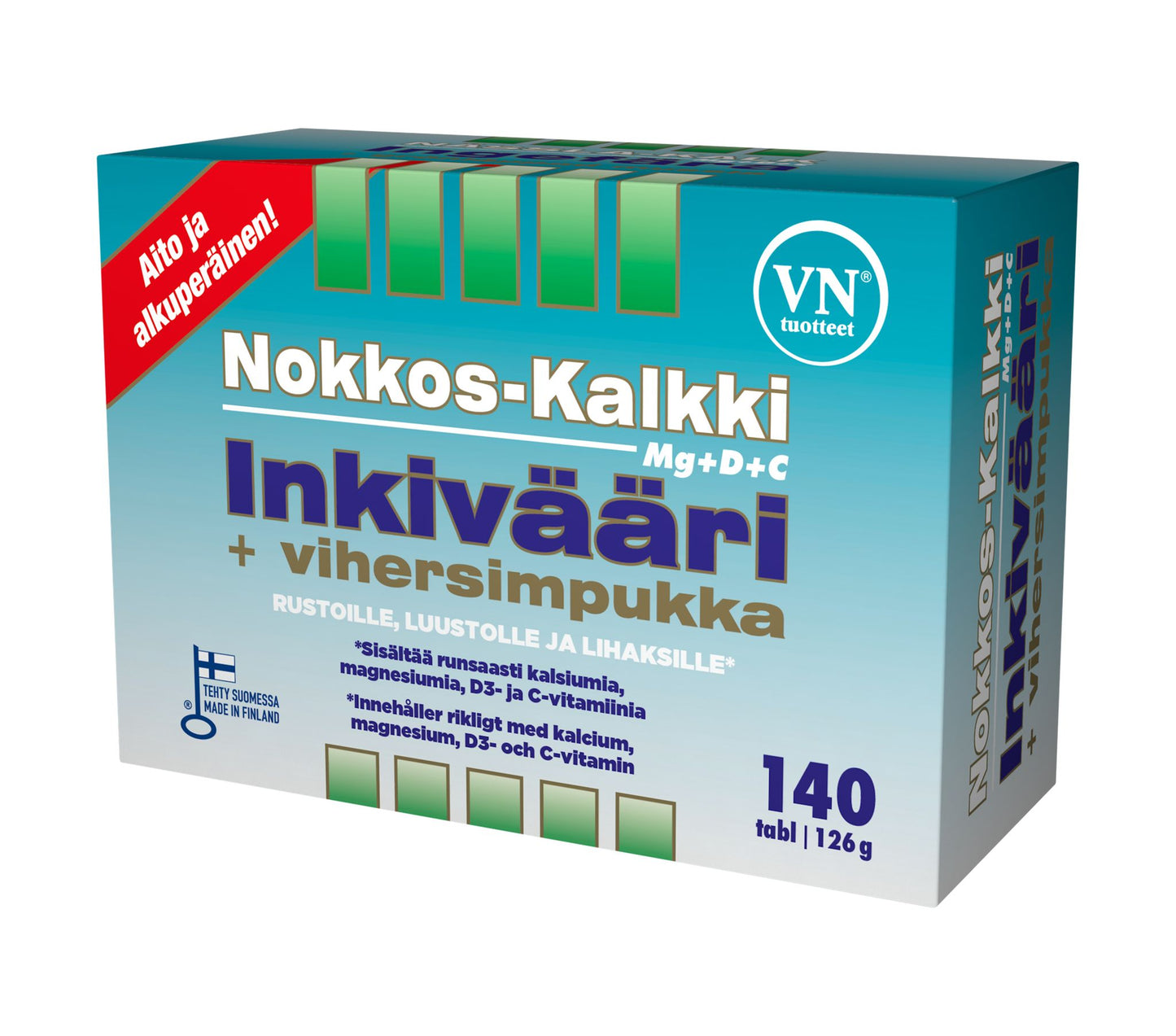 Nokkos-Kalkki-Inkivääri + Vihersimpukka -pakkaus, kalsiumia, magnesiumia, D3- ja C-vitamiinia luiden, nivelten ja lihasten tueksi, 140 tablettia; valkoinen-vihreä mattapintainen rasia, ainesosakuvakkeita