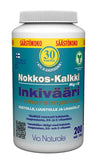 Via Naturale Nokkos-Kalkki-Inkivääri + Vihersimpukka -pullo, 200 tablettia, suomenkielinen teksti ainesosista ja terveyshyödyistä, keltainen 30 vuotta -sinetti; valkoinen muovipullo kierrekorkilla, vihreä-sininen-keltainen etiketti, mattapinta