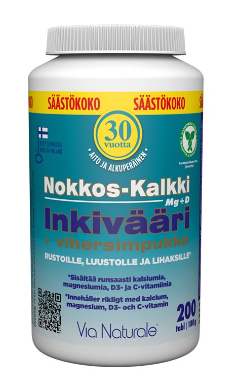 Via Naturale Nokkos-Kalkki-Inkivääri + Vihersimpukka -pullo, 200 tablettia, suomenkielinen teksti ainesosista ja terveyshyödyistä, keltainen 30 vuotta -sinetti; valkoinen muovipullo kierrekorkilla, vihreä-sininen-keltainen etiketti, mattapinta