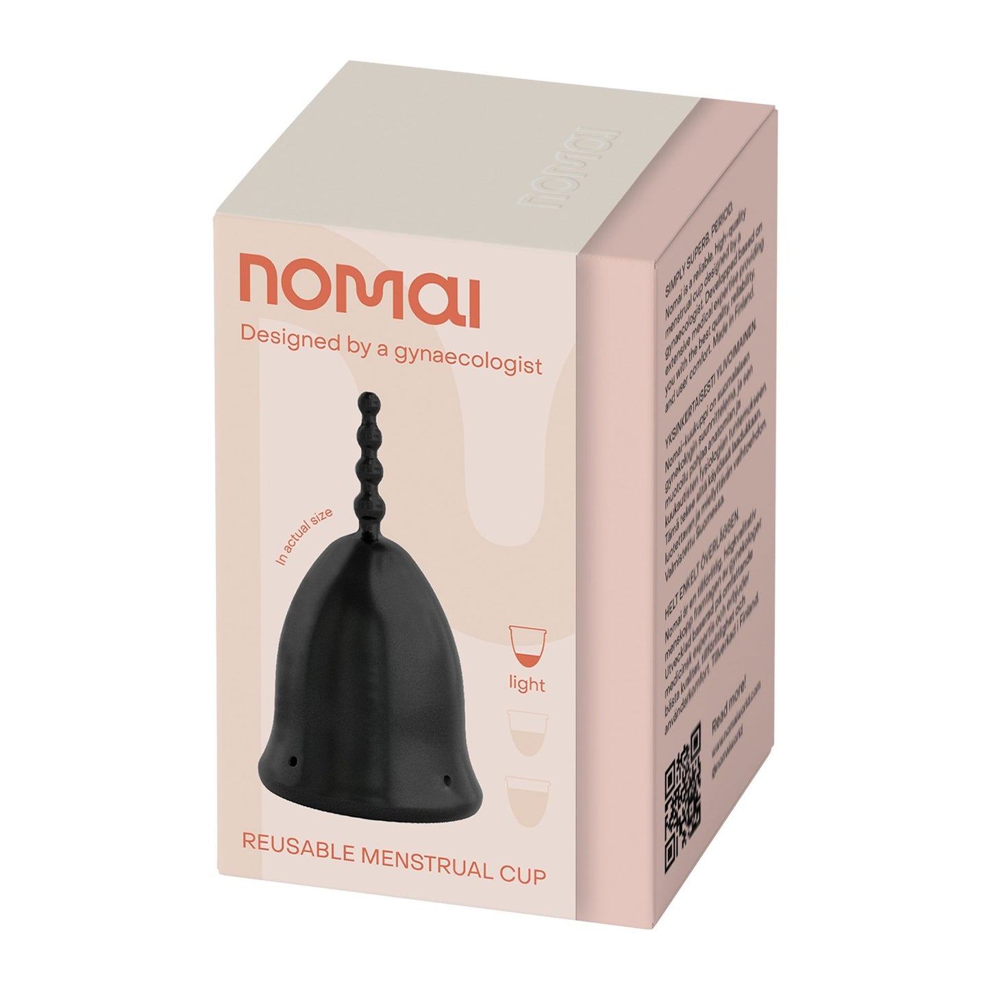 Nomai kuukuppi musta; suorakulmainen pakkaus kuvituksin ja painetuin tuotetiedoin, teksti "nomai", "Designed by a gynaecologist" ja "Reusable Menstrual Cup"; sisällä pyöristetyn muotoinen, mattapintainen musta kuukuppi.
