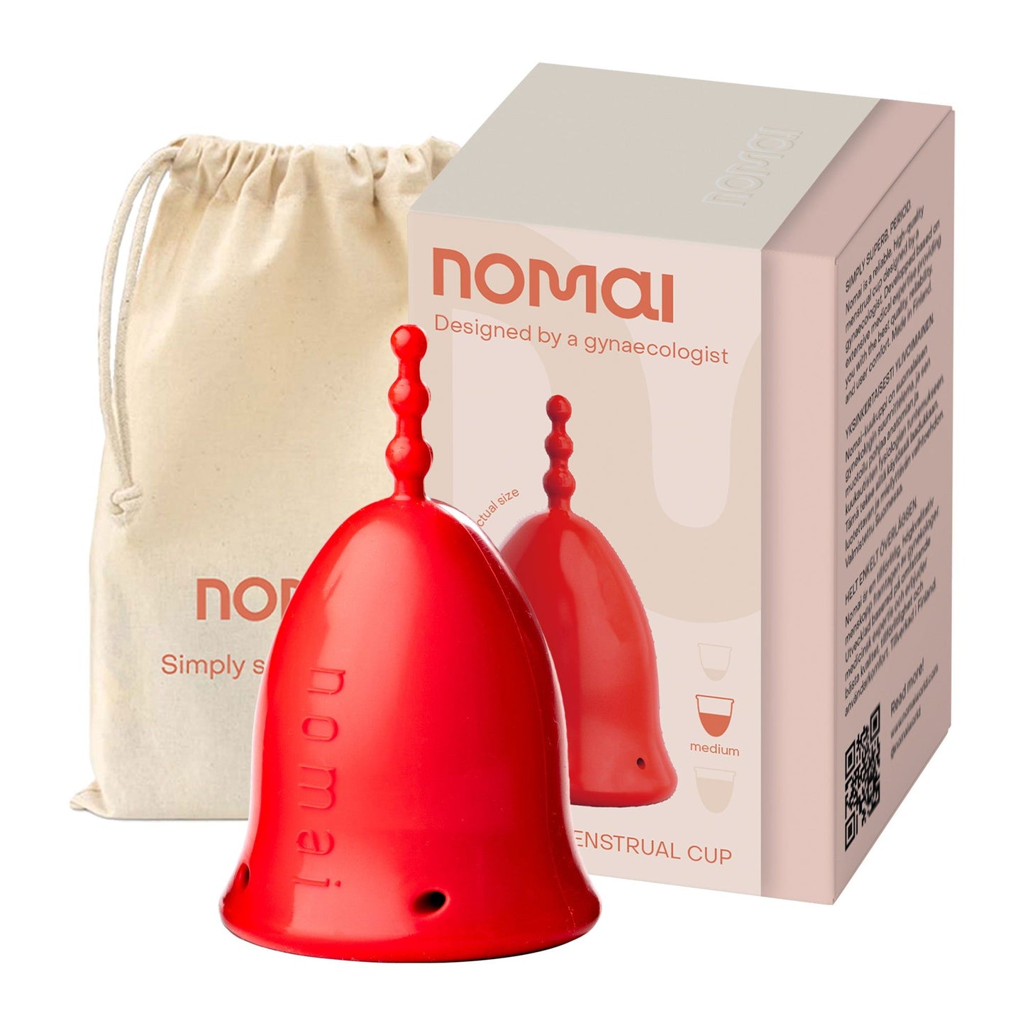 Nomai kuukuppi punainen; punainen, mattapintainen kuukuppi pystyasennossa beigen kangaspussin ja pahvipakkauksen edessä; pakkauksessa teksti "nomai, designed by a gynecologist" sekä kuvitus kupista.