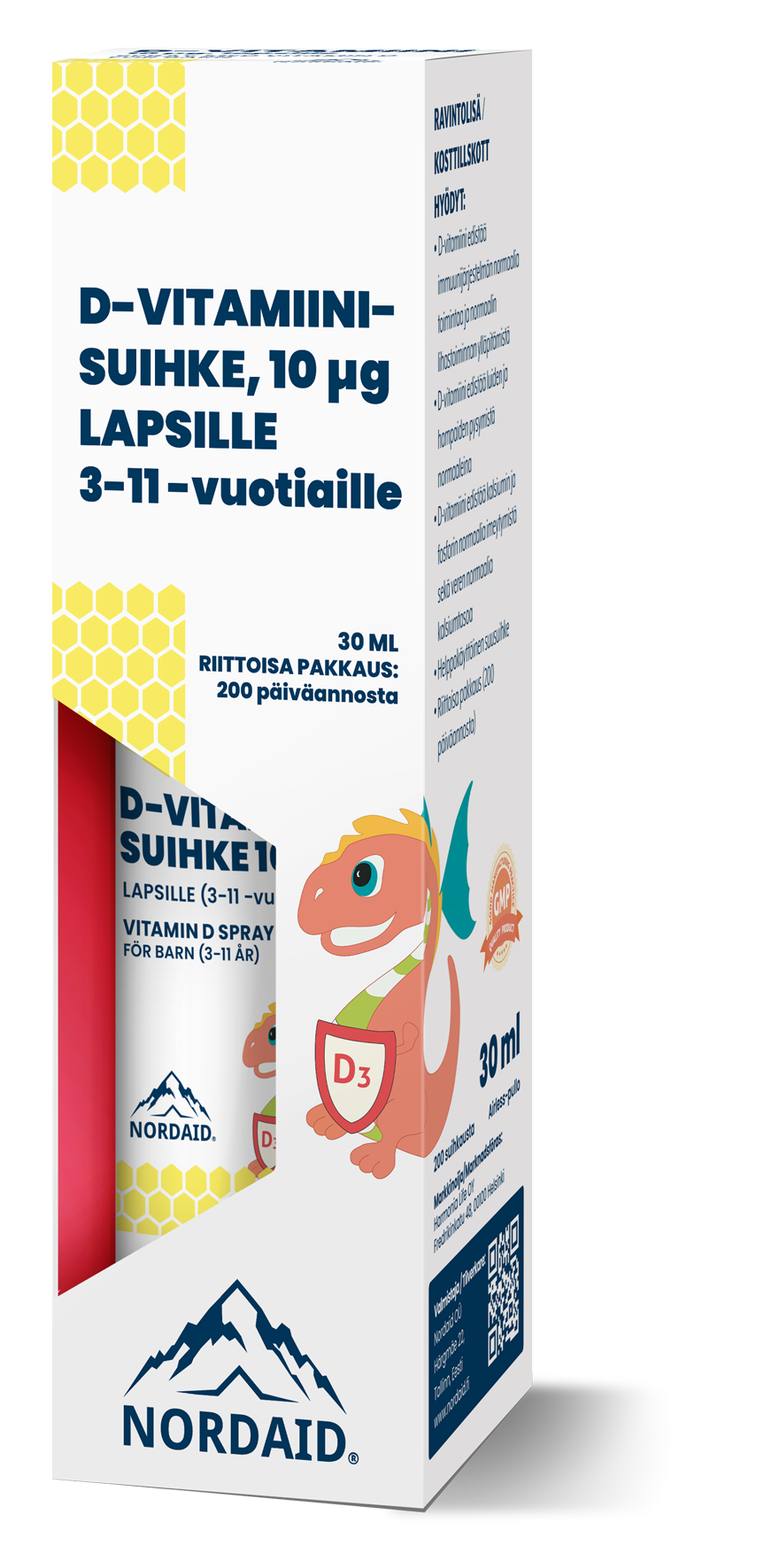 Nordaid D-vitamiinisuihke 10 mikrog Lapsille; valkoinen suorakulmainen D3-vitamiinisuihkelaatikko 3–11-vuotiaille lapsille; mattapintaisessa pakkauksessa sarjakuvalohikäärme, jolla kilpi merkinnällä "D3"; laatikon teksti on suomeksi; etuosassa läpinäkyvä ikkuna, josta näkyy punainen suihkepullo; lihavoitua ja leikkisää typografiaa; tausta valkoinen, ei ihmisiä tai käsiä näkyvissä.
