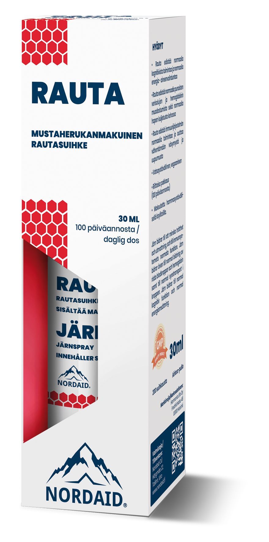 NORD AID RAUTA -rautasuihke, 30 ml; valkoinen ja punainen pakkaus, suomenkielistä tekstiä, hunajakennokuvio ja vuorilogo; suorakulmainen, mattapintainen rasia; lihavoitua groteskityyppiä mustalla ja punaisella; tietoa aseteltu lohkoihin pakkauksen kyljessä; ei ihmisiä, vaalea tausta.