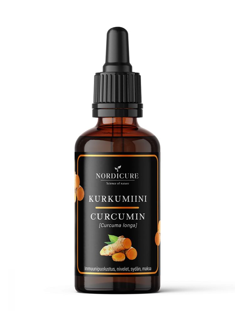 A brown glass dropper bottle with a matte finish, cylindrical shape, and black screw cap. The front white label shows the brand name in bold sans-serif text and includes turmeric root images. Smaller icons on the label represent immunity, joints, heart, and liver health benefits. Product is photographed against a plain white background with no people or props in view. A brown glass dropper bottle labeled Nordicure Kurkumiini Curcumin features turmeric illustrations. The label highlights benefits for