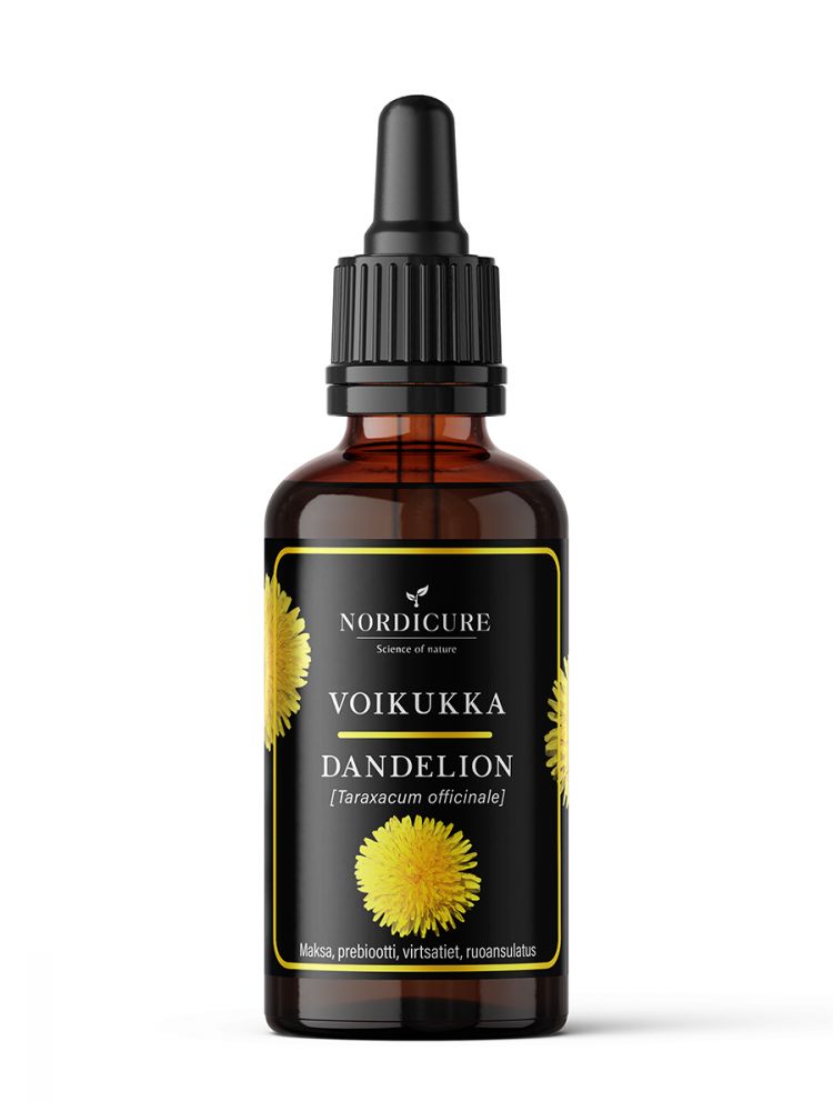A brown glass dropper bottle with a glossy finish has a label showing the words “NORDICURE VOIKUKKA DANDELION” in clear, sans-serif font. The label includes illustrations of yellow dandelion flowers and displays text in both English and Finnish. The product is photographed upright against a plain white background, with no people or additional objects present.