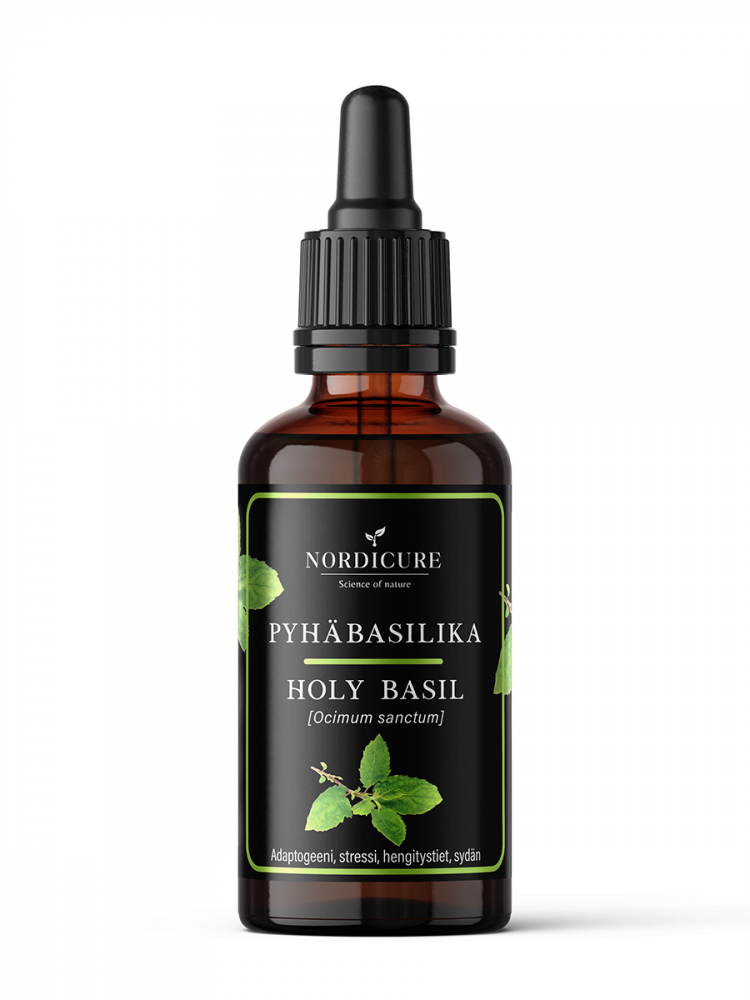 NordiCure Pyhäbasilika (Holy Basil) 1:3, tumma lasinen tippapullo etiketissä eloisia vihreitä lehtikuvia sekä siro musta tippakorkki; pullo sylinterimäinen, korkki kiiltäväpintainen, etiketin typografia moderni ja groteskinen; tausta neutraali studiovalaistuksella, ei ihmisiä eikä käsiä näkyvissä.
