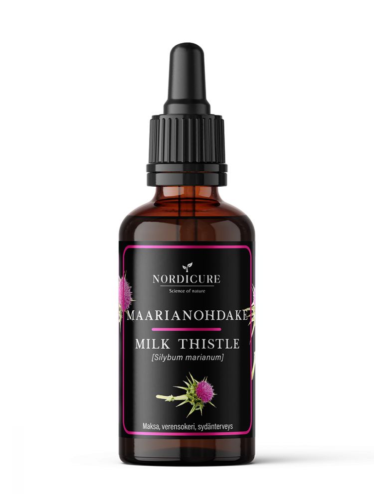 A dark glass dropper bottle labeled Nordicure Milk Thistle (Silybum marianum) with illustrations of purple thistle flowers. Label includes icons or text indicating liver, blood sugar, and heart health benefits, and mentions silymarin. The label uses a mix of sans-serif and serif fonts on a white background. No people or hands are present; product is photographed against a plain backdrop.
