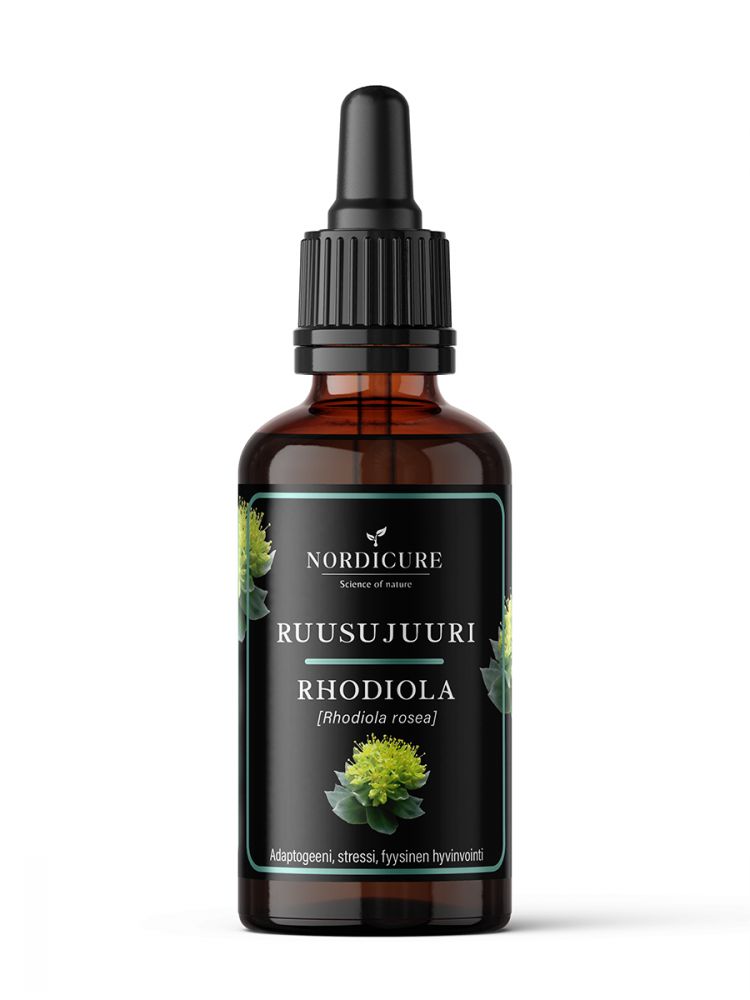 A brown glass dropper bottle with a glossy surface, cylindrical shape, and black screw top dropper. The label reads “Nordicure Ruusujuuri Rhodiola”, includes illustrations of yellow-green flowers, and uses sans-serif typography. The packaging is standard pharmaceutical style. Neutral solid background; studio product shot. No people or hands present.